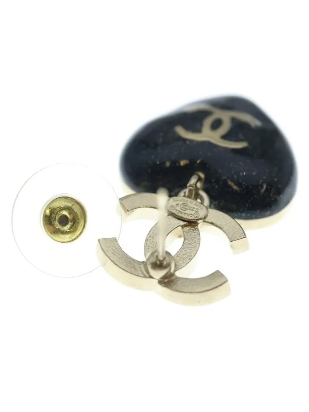 Chanel CC Logo Heart Rhinestone Earrings Gold Black